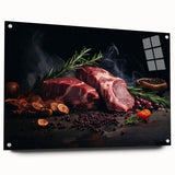 Acrylic print of large abstract wall art featuring assorted food dishes in vibrant colors, ideal for dining room decor.