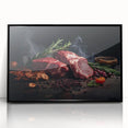 Large abstract wall art featuring assorted food dishes in mid-century modernist style on a black acrylic framed print.