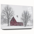 Acrylic glass side view of a landscape barn design showcasing vibrant colors and intricate details, mounted with pins for an elegant display. Ideal for rustic home decor.