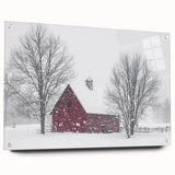 Acrylic glass side view of a landscape barn design showcasing vibrant colors and intricate details, mounted with pins for an elegant display. Ideal for rustic home decor.