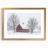 Front view of a landscape barn frame with a gold mat, showcasing a rustic design perfect for home decor, highlighting its elegant finish and sturdy construction.