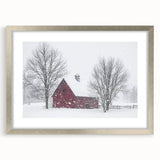 Silver-framed landscape barn art print showcasing a picturesque rural scene, elegantly matted for a refined look. Perfect for home decor enthusiasts.