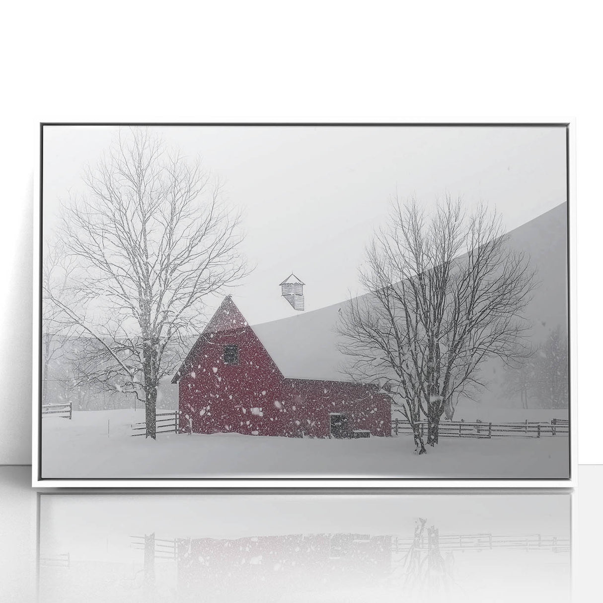 Barn landscape artwork in a white frame, showcasing a serene rural scene with lush greenery and a clear sky, ideal for home decor enhancement. Perfect for rustic aesthetics.