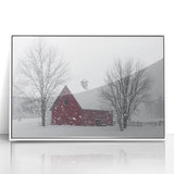 Barn landscape artwork in a white frame, showcasing a serene rural scene with lush greenery and a clear sky, ideal for home decor enhancement. Perfect for rustic aesthetics.