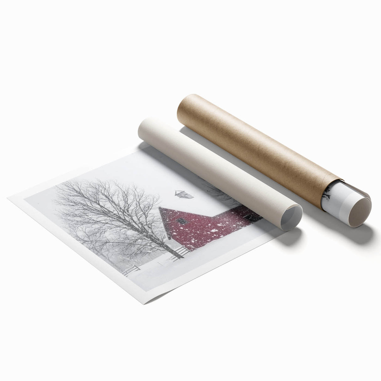 Landscape barn scene rolled print showcasing a serene rural setting with a rustic red barn and lush green fields, elegantly packaged in a protective cardboard tube for secure shipping. Perfect for home or office decor, this artwork captures the essence of countryside tranquility and charm.