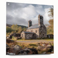Acrylic glass landscape wall art showcasing a serene countryside scene, elegantly displayed with pins on a neutral backdrop, ideal for home decor enhancement.