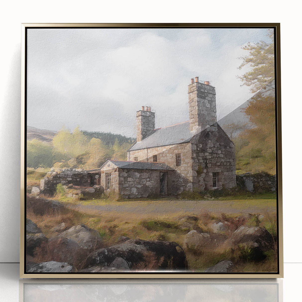 Framed acrylic wall art showcasing a vibrant countryside landscape with rolling hills and a golden frame, perfect for enhancing home decor.
