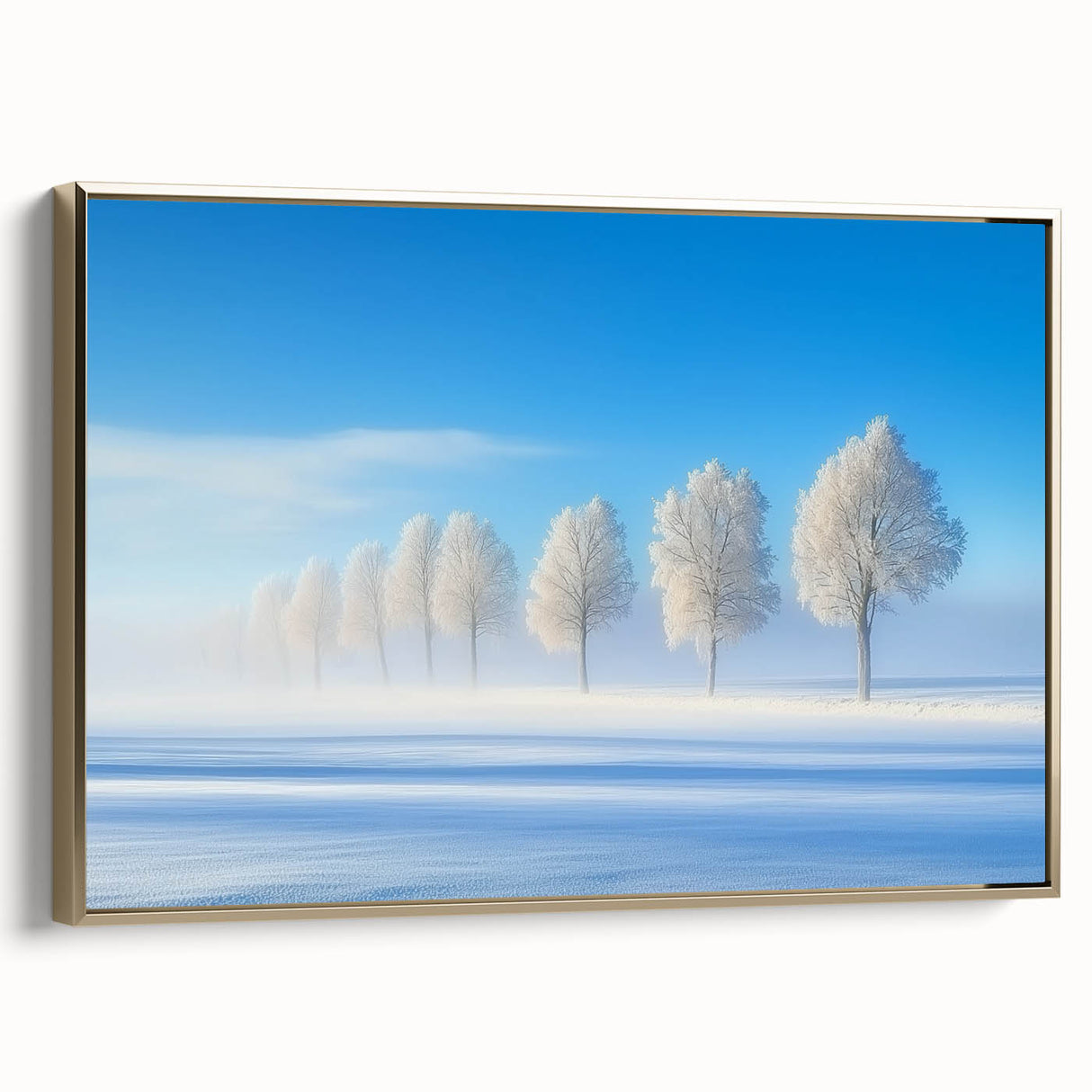 Framed canvas artwork depicting a serene countryside landscape, showcasing vibrant greens and warm golden hues, perfect for home decor enhancement.