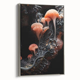 Landscape art painting featuring a close-up of natural elements in muted earth tones on a silver-framed canvas.