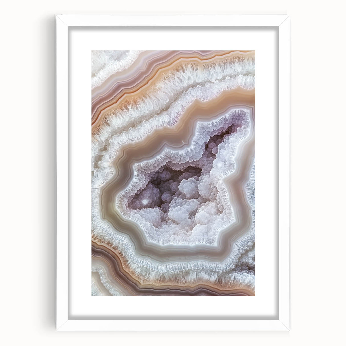 Abstract art print featuring swirling patterns in muted earth tones, framed with a white mat.