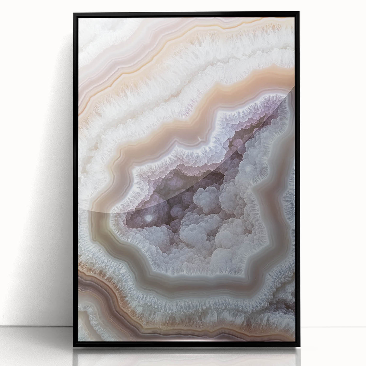 Large abstract wall art featuring swirling blue and green patterns on a black acrylic frame.