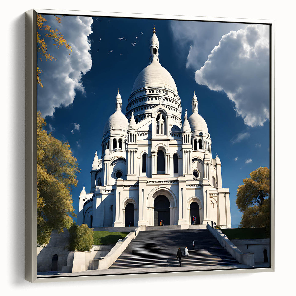 Landscape art painting of Paris with colorful art and black border, framed canvas, ideal for living room decor.