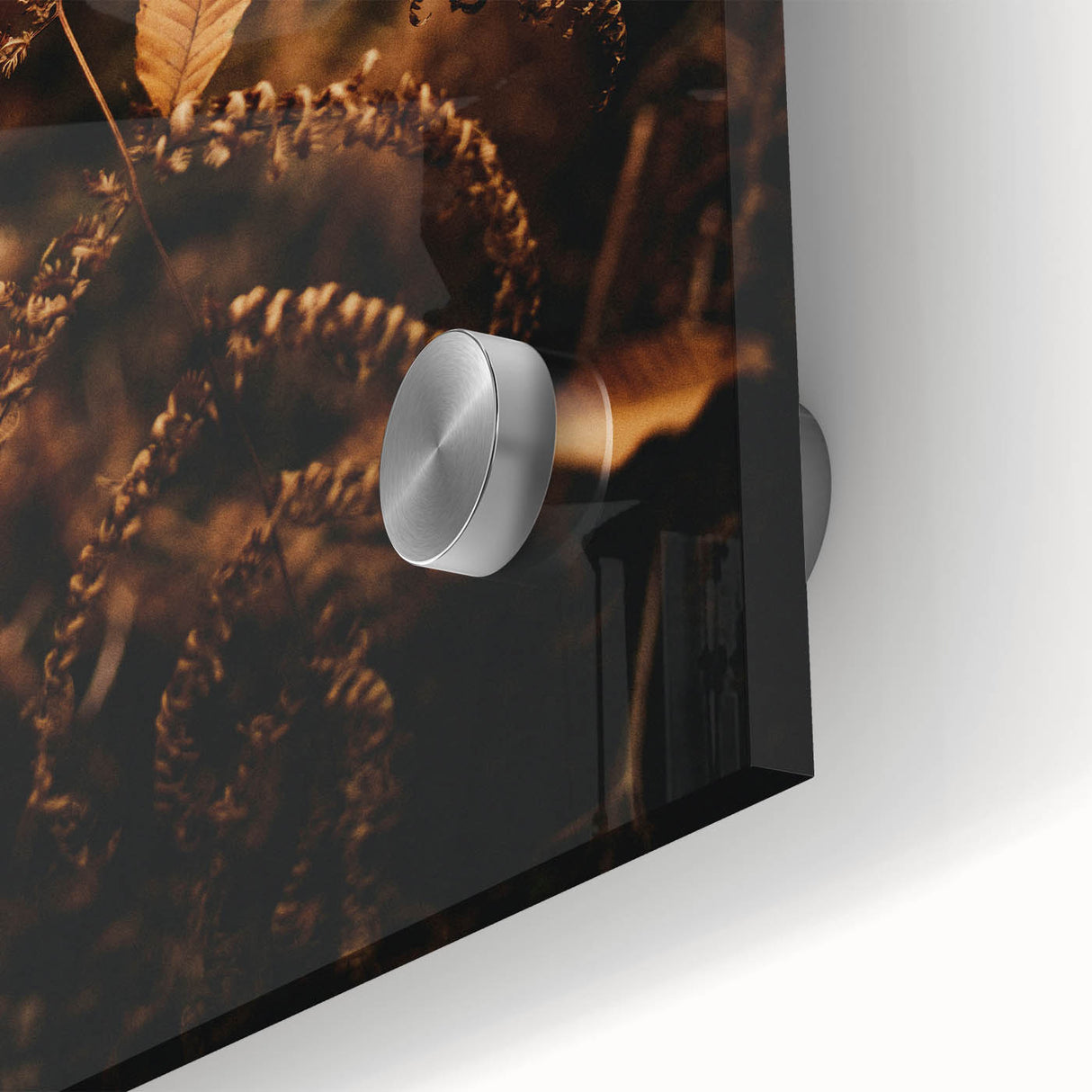 Large abstract wall art with autumnal hues on acrylic glass, ideal for dining room ambiance, in mid-century modernist style.