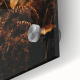 Large abstract wall art with autumnal hues on acrylic glass, ideal for dining room ambiance, in mid-century modernist style.