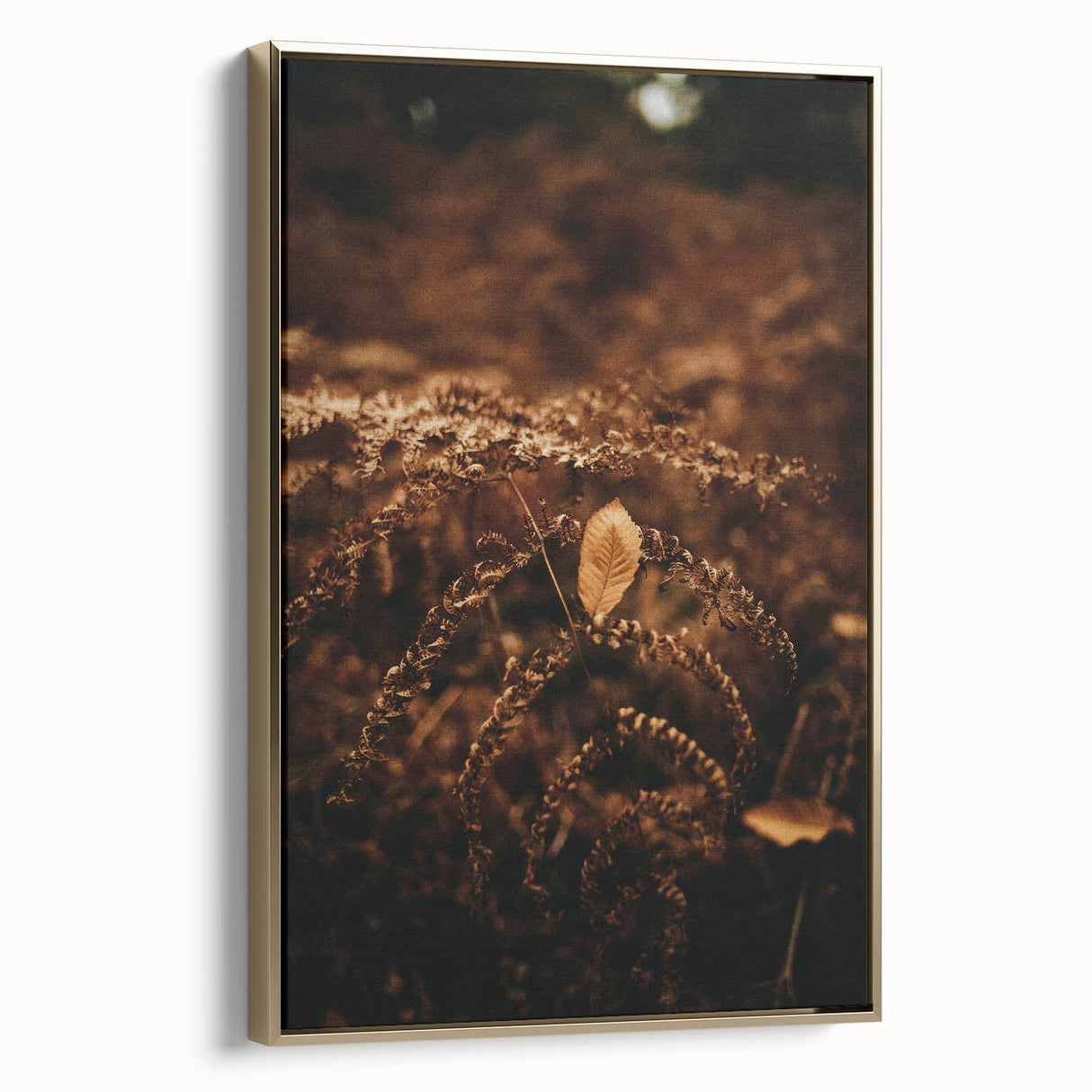 Framed canvas featuring a vintage poster-style landscape painting with fall scenery in muted gold and black tones.