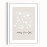 Abstract art print depicting winter season in muted blue and white tones, framed with a white mat.