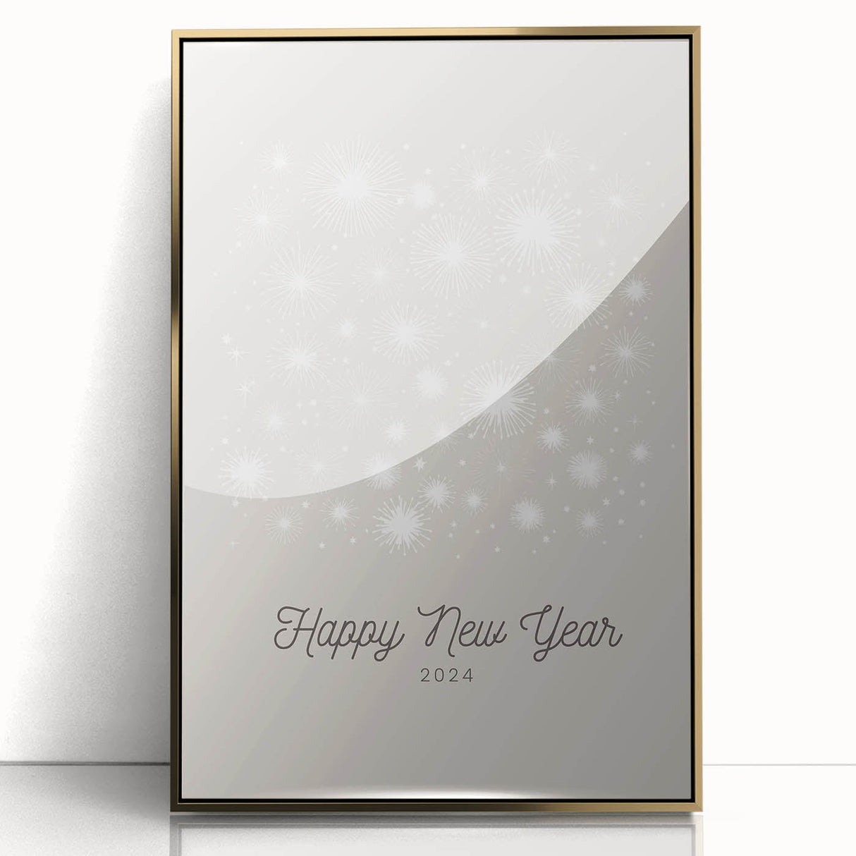 Large art print of a mid-century modernist winter scene in muted gold and white tones on framed acrylic.