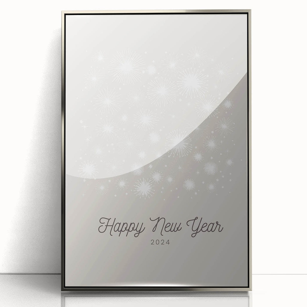 Mid-century modernist art depicting a stylized winter scene in muted blue and silver tones on a framed acrylic panel.