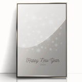 Mid-century modernist art depicting a stylized winter scene in muted blue and silver tones on a framed acrylic panel.