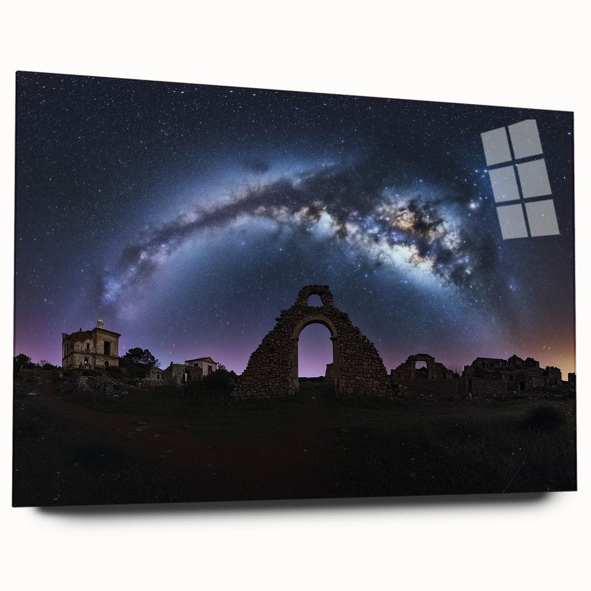 Acrylic glass artwork showcasing a stunning side view of a medieval castle landscape, featuring vibrant colors and intricate details, ideal for home decor.