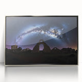 Framed acrylic artwork depicting a serene landscape with a majestic castle, presented in a sleek silver frame. Ideal for home decor or art collectors.