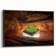 Framed black canvas artwork showcasing a stunning cave landscape, highlighting intricate details and textures, perfect for modern home decor.