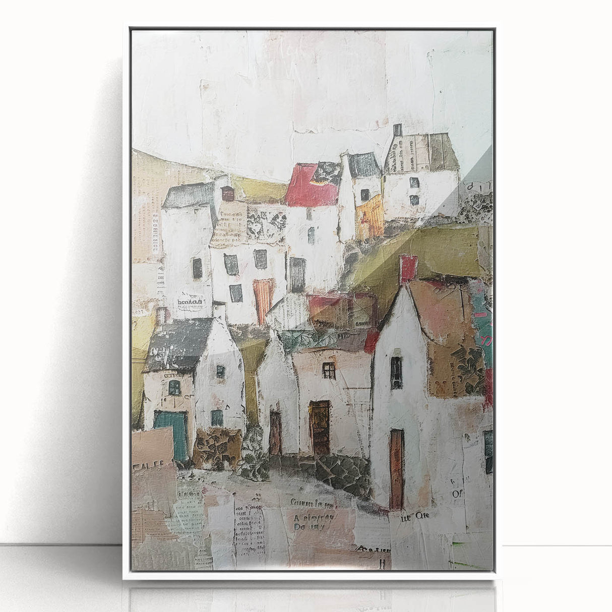Framed abstract architecture wall art in a sleek white frame, showcasing geometric shapes and soft colors, ideal for modern home decor.