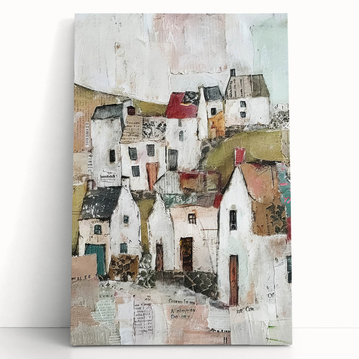 Abstract architecture wall art on stretched canvas, showcasing geometric shapes in vibrant colors, elegantly leaning against a wall for modern decor.
