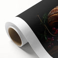 Art deco poster of various stylized food dishes in bold colors on rolled canvas, ideal for dining room decor.