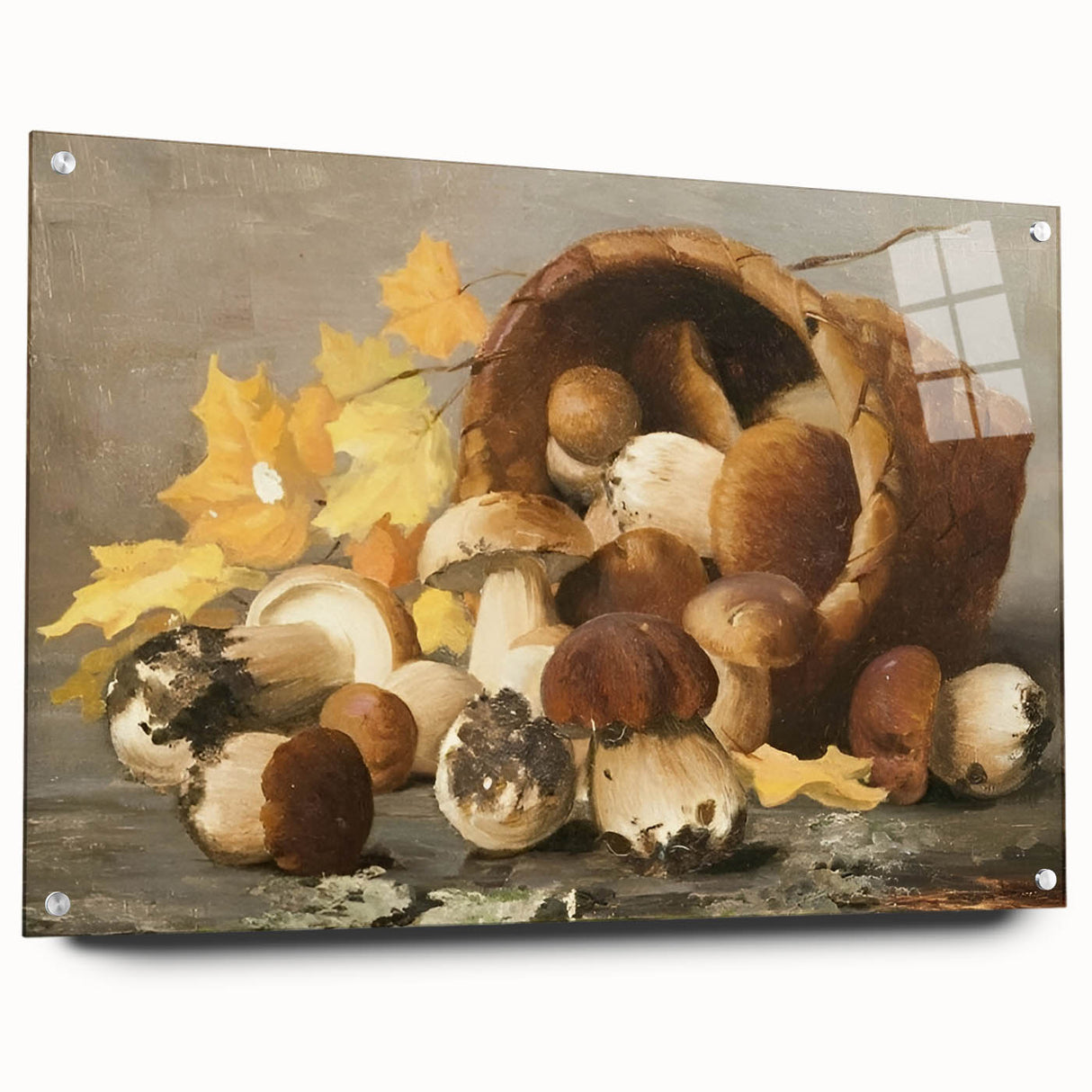 Acrylic glass wall art featuring an assortment of fruits in vibrant colors, suitable for dining room decor.