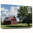 Side view of a landscape acrylic glass design featuring a barn, showcasing vibrant colors and fine details, ideal for home decor enthusiasts seeking rustic charm.