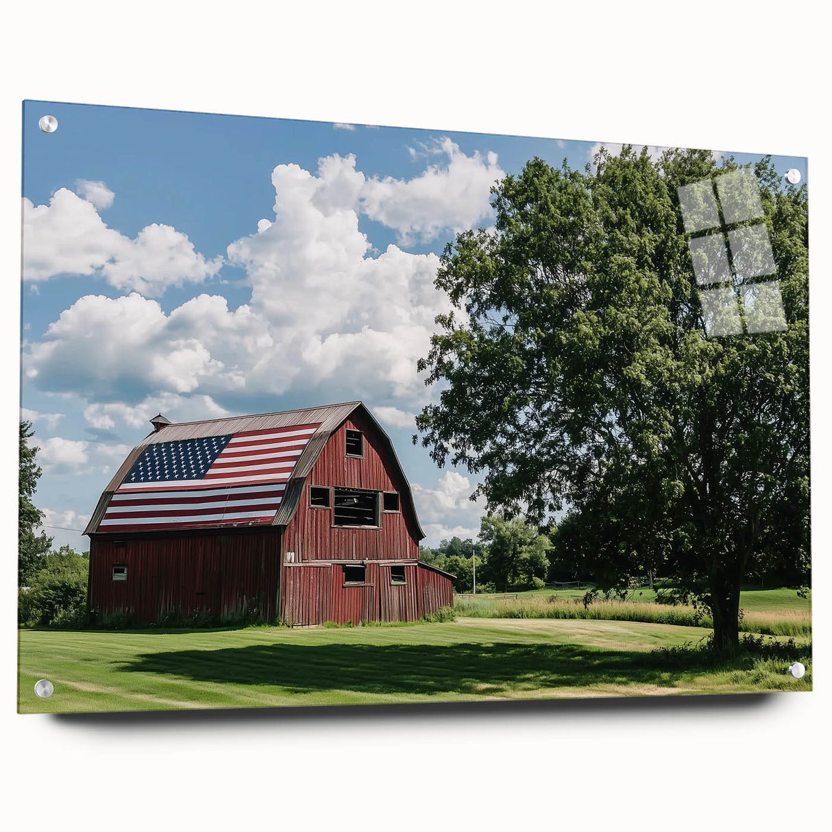 Side view of a landscape acrylic glass design featuring a barn, showcasing vibrant colors and fine details, ideal for home decor enthusiasts seeking rustic charm.