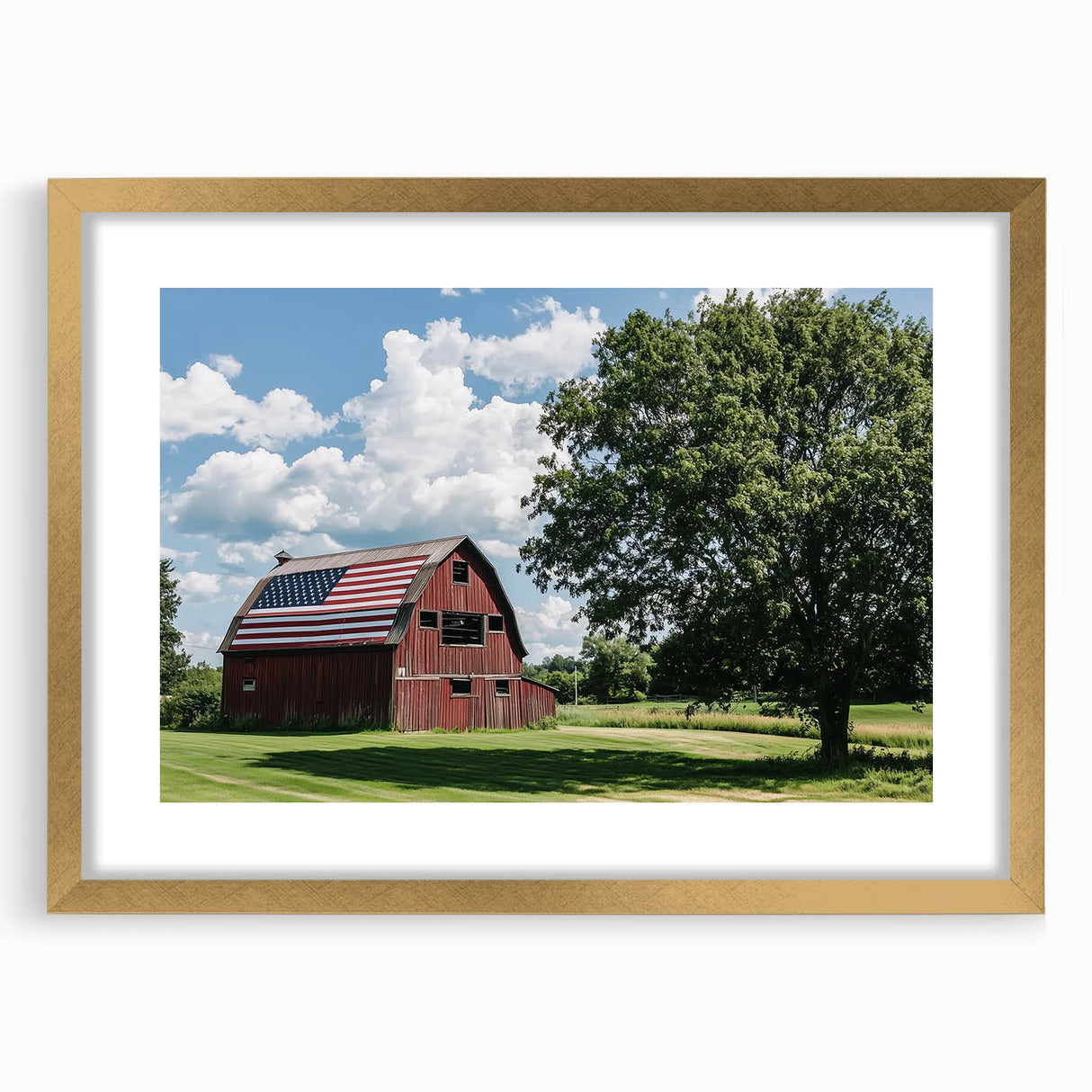 Elegant landscape barn frame with a gold mat, showcasing a picturesque farm scene, ideal for rustic home decor and enhancing interior aesthetics.