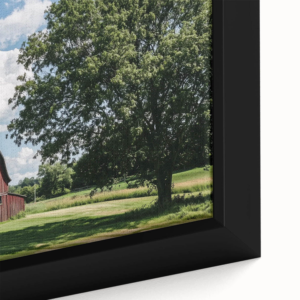 Close-up of a landscape barn framed canvas art piece showcasing vibrant colors and intricate details of rural scenery, designed to enhance home decor.