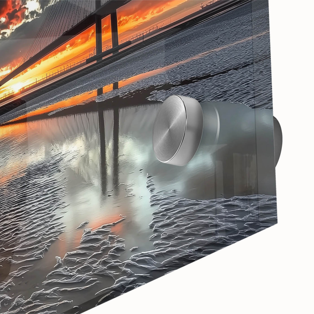 Close-up view of a landscape bridge design crafted from acrylic glass, showcasing vibrant colors and intricate details, ideal for modern home decor or art enthusiasts.
