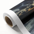 Rolled canvas artwork depicting a serene landscape with a bridge over water, showcasing vibrant colors and intricate details, rolled for easy transport and storage.