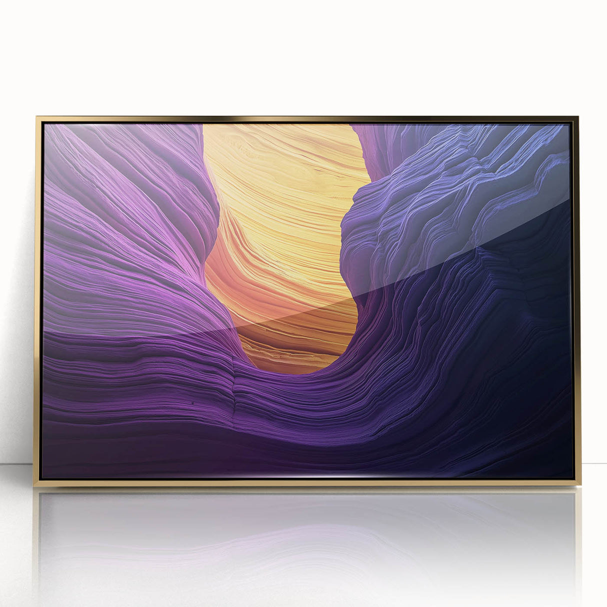 Framed acrylic art piece showcasing a stunning landscape of gold-hued canyons, highlighting intricate textures and vibrant colors, perfect for modern home decor.