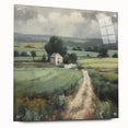 Landscape wall art design showcasing a serene countryside scene, displayed in a sleek acrylic frame with pins, perfect for home decor. The vibrant colors and detailed imagery create a calming atmosphere, ideal for enhancing any living space.