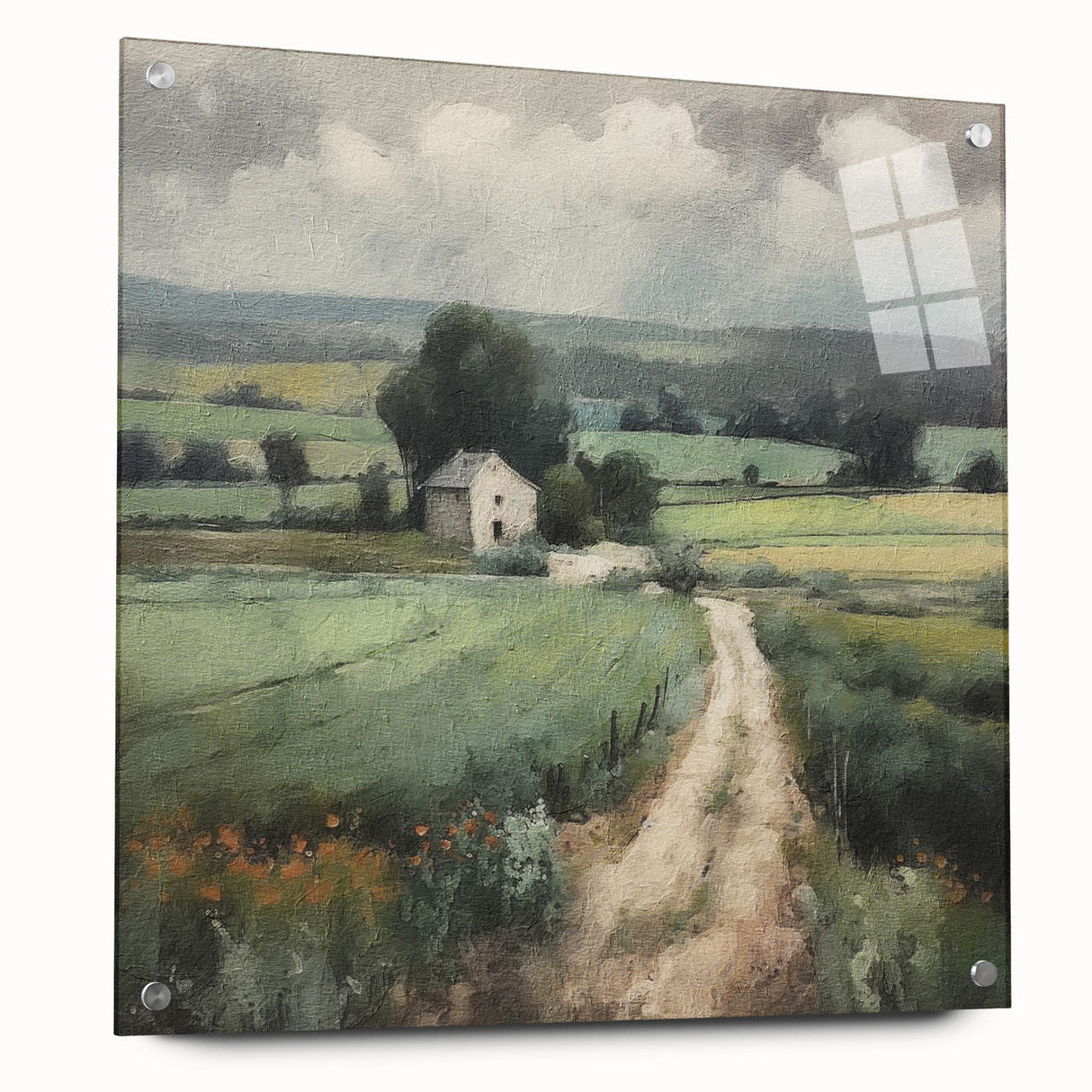 Landscape wall art design showcasing a serene countryside scene, displayed in a sleek acrylic frame with pins, perfect for home decor. The vibrant colors and detailed imagery create a calming atmosphere, ideal for enhancing any living space.