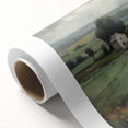 Landscape wall art on rolled canvas showcasing a serene countryside scene with vibrant green fields, a gentle blue sky, and soft white clouds, ideal for home decor.