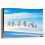 Framed canvas artwork showcasing a serene countryside landscape with vibrant green fields and a tranquil sky, elegantly bordered in silver, ideal for home decor.
