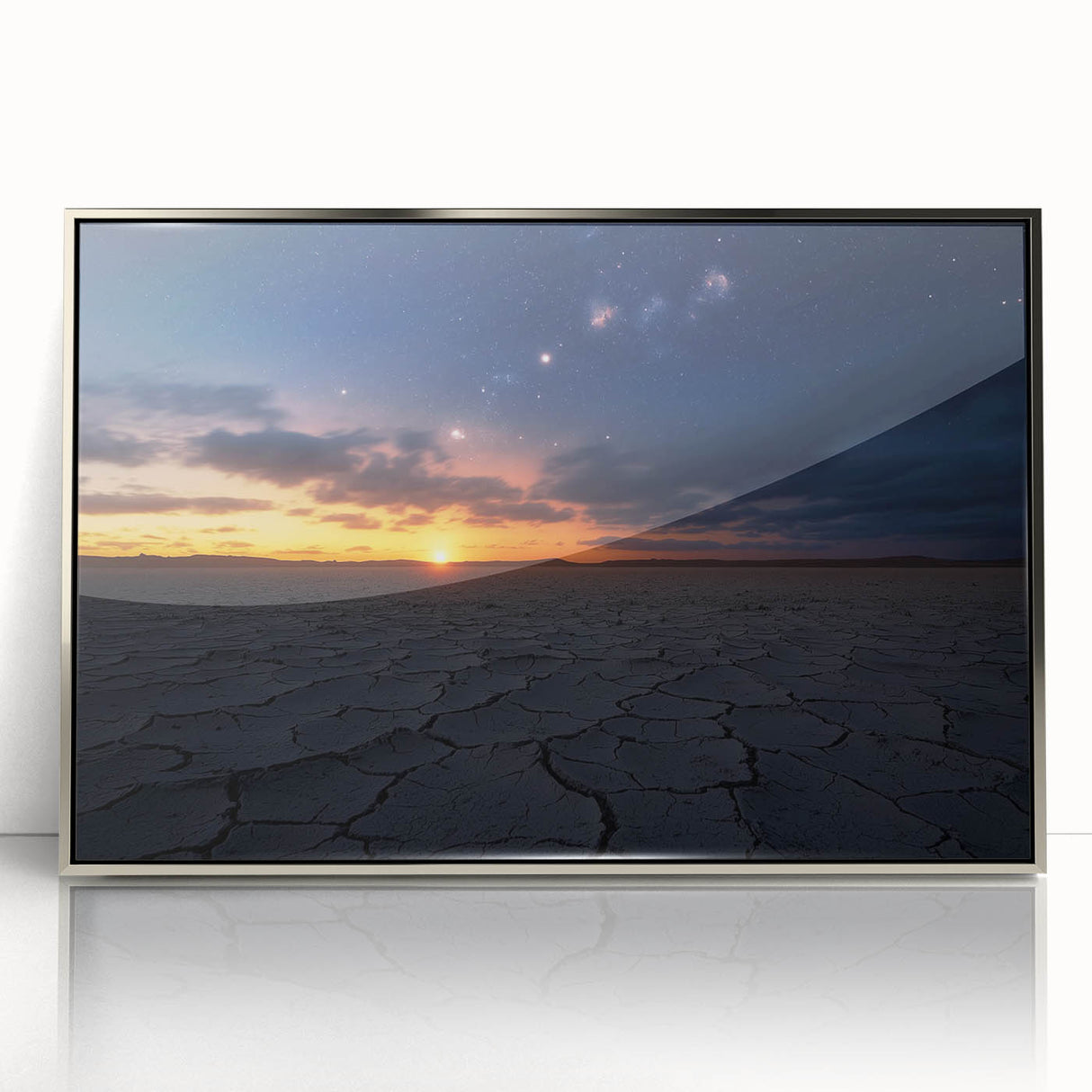 Framed acrylic artwork showcasing a vibrant desert landscape with bold colors, perfect for modern home decor. Ideal for enhancing living spaces and offices.