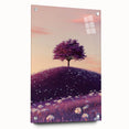 Acrylic glass artwork showcasing a vibrant landscape field design, featuring rich colors and intricate details, displayed from a side view with metal pins for hanging.
