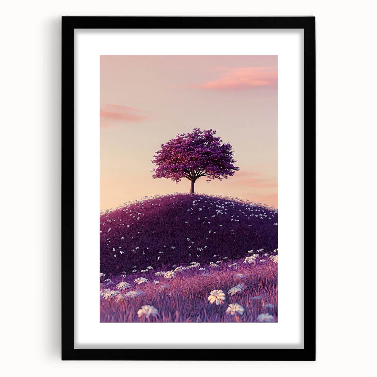 Black framed landscape art featuring vibrant fields and greenery, elegantly matted for a polished presentation, ideal for home decor and enhancing aesthetic appeal.
