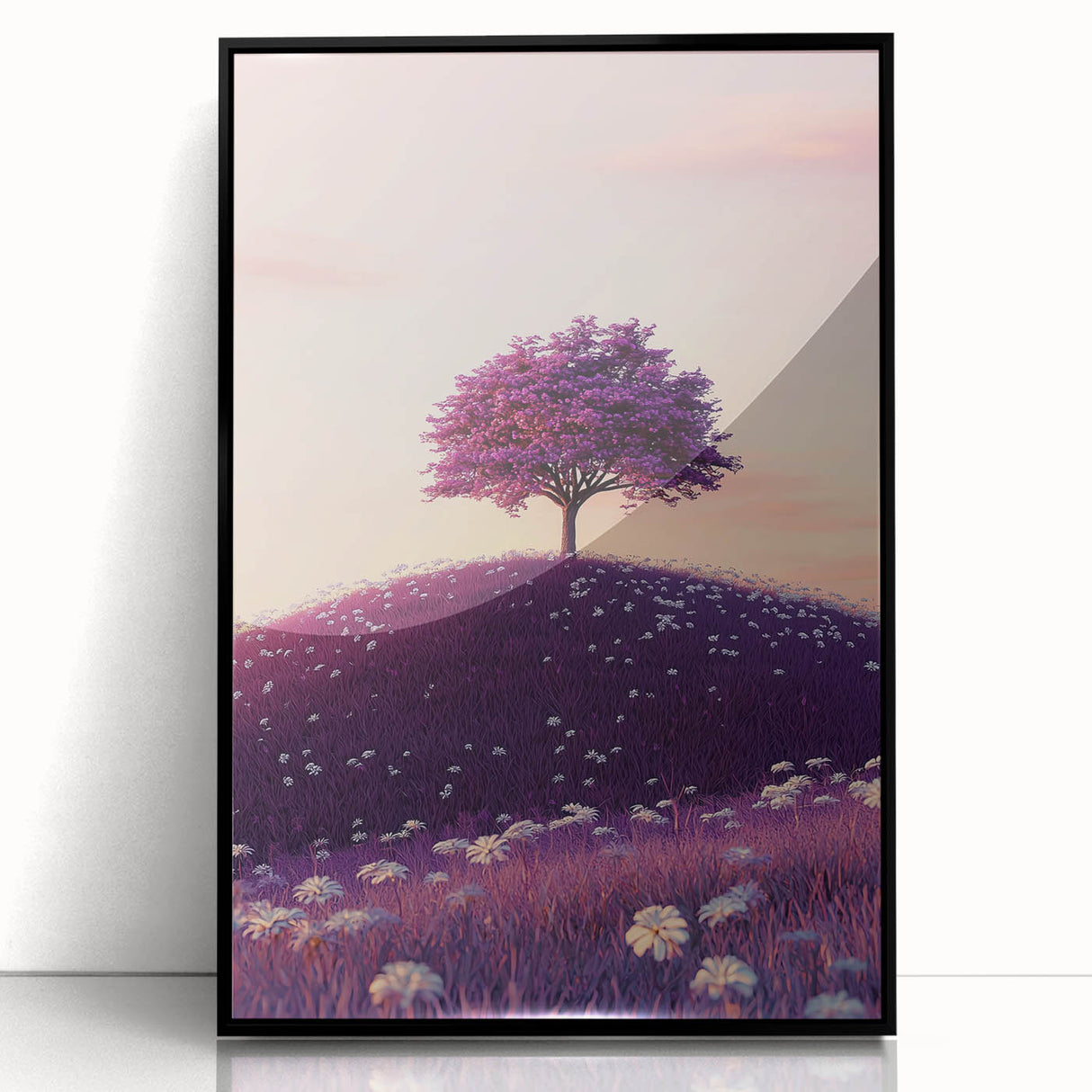 Framed acrylic artwork showcasing vibrant green landscapes and golden fields, set against a sleek black frame, ideal for modern home decor and nature enthusiasts.