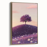 Framed canvas artwork depicting serene landscapes with lush green fields, elegantly set in a gold frame, perfect for home or office decor.