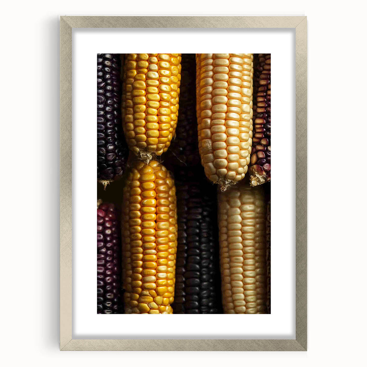 Textured art print featuring abstract close-ups of nature elements in silver frame, ideal for bedroom wall decor.