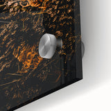 Large abstract wall art in warm autumn hues on acrylic glass, ideal for dining room ambiance.
