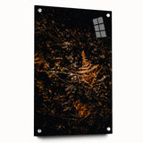 Large abstract wall art on acrylic glass displaying vibrant autumnal shades, ideal for bedroom or dining room decor.