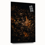Large abstract wall art on acrylic glass depicting swirling autumn hues, suitable for bedroom or dining room decor.